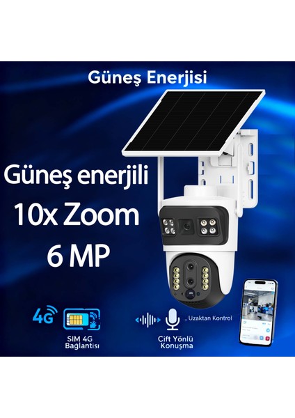 10X Zum, Güneş Enerjili, Çift Lens, 4g Sım Kartlı, 6mp, Ptz, Su Geçirmez Güvenlik Kamerası