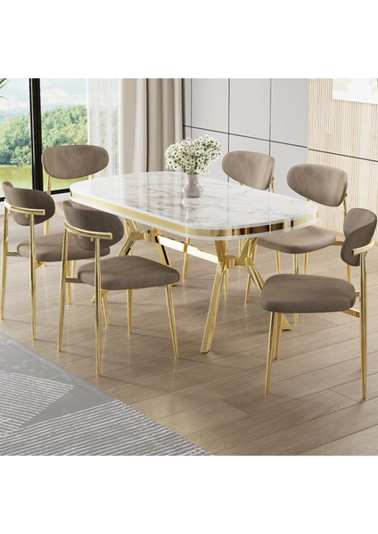 Olya Serisi 90X168 Lak Panel Beyaz Mermer Desen Masa Takımı Gold Ayaklı 6 Sandalye