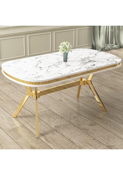 Olya Serisi 90X168 Lak Panel Beyaz Mermer Desen Masa Takımı Gold Ayaklı 6 Sandalye fiyatları