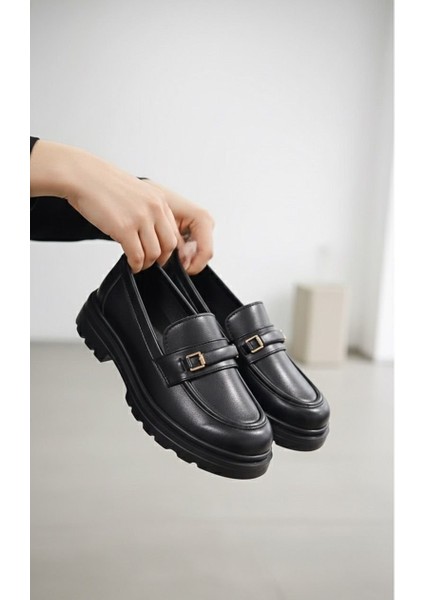 Kadın Kalın Taban Ortopedik Comfort Taban Deri Görünümlü Loafer – Siyah