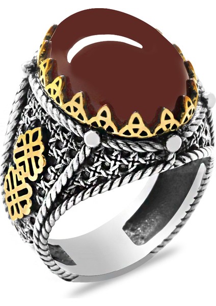 Kırmızı Akik Taşlı Kral Tacı Tasarım 925 Ayar Gümüş Erkek Yüzük