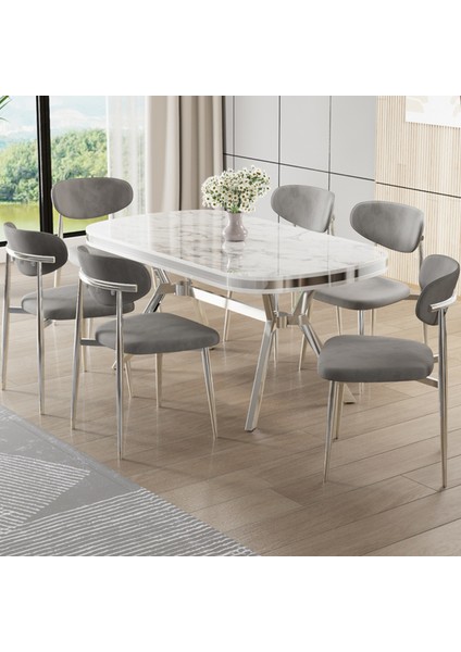 Olya Serisi 90X168 Lak Panel Beyaz Mermer Desen Masa Takımı Krom Ayaklı 6 Sandalye