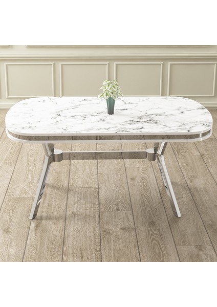 Olya Serisi 90X168 Lak Panel Beyaz Mermer Desen Masa Takımı Krom Ayaklı 6 Sandalye fiyatları