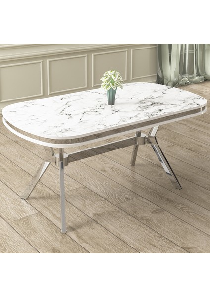Olya Serisi 90X168 Lak Panel Beyaz Mermer Desen Masa Takımı Krom Ayaklı 6 Sandalye modelleri