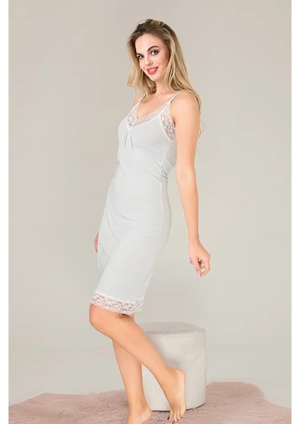 Lady Dantel Detaylı Gri Gecelik