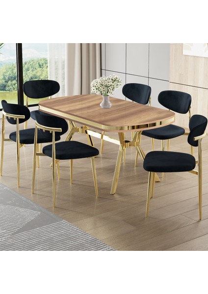 Olya Serisi 90X168 Lak Panel Hazar Masa Takımı Gold Ayaklı 6 Sandalye
