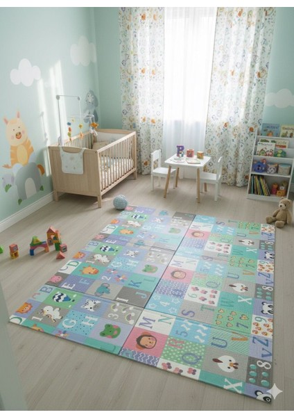 Katlanabilir Çift Taraflı Eğitici Çocuk Oyun Matı, Halısı 180X150 (Taşıma Çantalı)-Mavi Alfabe