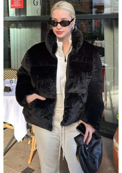 Siyah Dik Yaka Kadın Kürklü Mont MG2259 modelleri