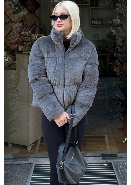 Füme Dik Yaka Kadın Kürklü Mont MG2259