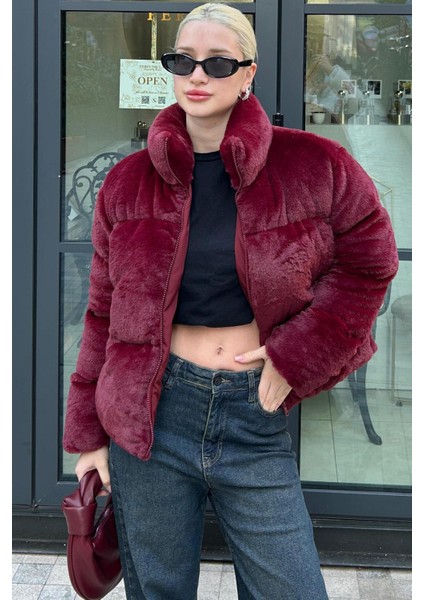 Bordo Dik Yaka Kadın Kürklü Mont MG2259