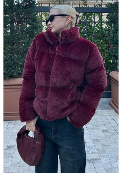 Bordo Dik Yaka Kadın Kürklü Mont MG2259 fiyatları