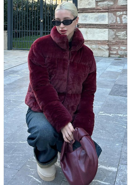 Bordo Dik Yaka Kadın Kürklü Mont MG2259 modelleri