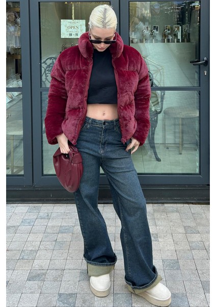 Bordo Dik Yaka Kadın Kürklü Mont MG2259 fırsatları