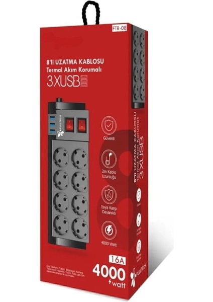 Glore 2m Uzatma Kablosu Çoklu Priz Termal Akım Korumalı 8'li Priz 3x USB modelleri