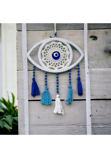 Beyaz Dantelli Ponponlu Nazar Boncuklu Duvar Süsü modelleri