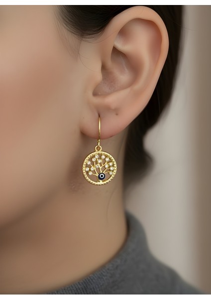 Altın Renk Ağaç Hayat Motif Nazar Detay Zarif Şık Kadın Küpe