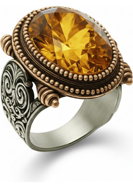 Faset Kesim Zultanit Taşlı Selçuklu Desenli Oval Tasarım 925 Ayar Gümüş Erkek Yüzük