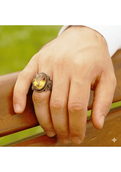 Faset Kesim Zultanit Taşlı Selçuklu Desenli Oval Tasarım 925 Ayar Gümüş Erkek Yüzük modelleri