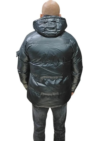 Erkek Siyah Çıkarılabilir Kapüşonlu Parlak Şişme Spor Mont