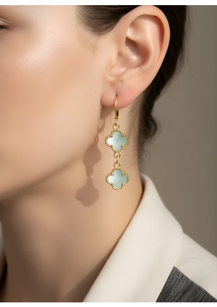 Açık Mavi Yonca Ikili Zincir Detay Altın Çerçeveli Kadın Küpe