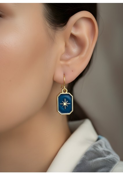 Mavi Sekizgen Yıldız Motifli Kadın Küpe