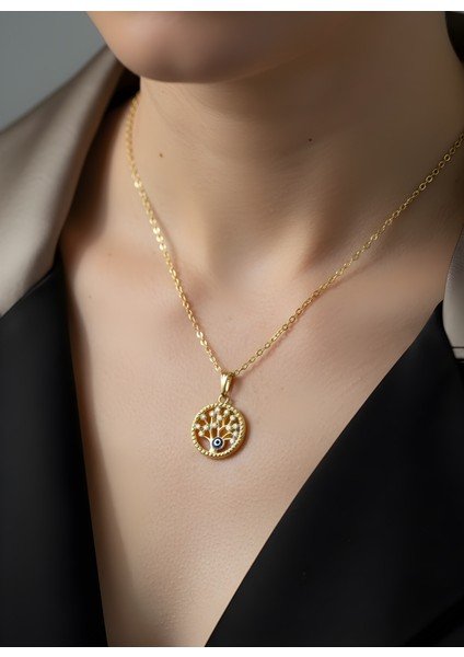 Hayat Ağacı Nazar Boncuk Taş Detaylı Altın Renk Zincir Kadın Kolye
