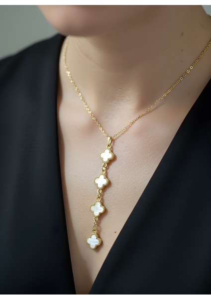 Sedef Dört Yaprak Detaylı Altın Renk Zarif Kadın Y Kolye