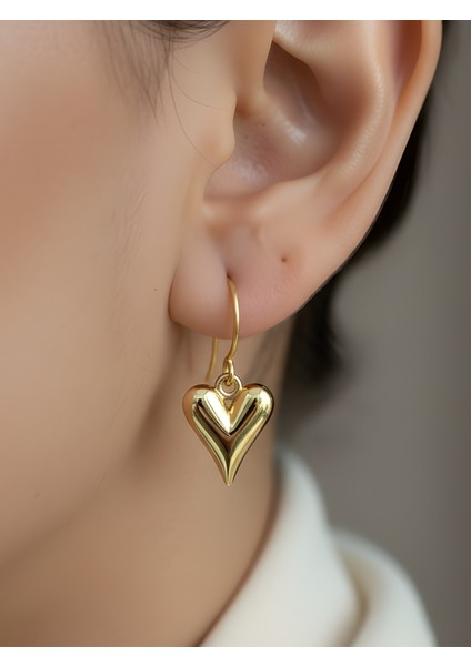 Altın Renk Parlak Kalp Form Hacimli Modern Detay Kadın Küpe