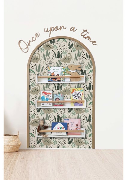 Dinazor Temalı Kreş Çocuk-Bebek Odası Dekoru, Eğlenceli Duvar Stickerı, Renkli ve Dayanıklı Dekoratif Tasarım, Once Upon A Time Yapışkan Yazı, Çerçeve, Kitap Köşesi, Torun Hediyesi, Duvar Canlandıran