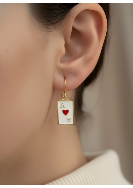 Iskambil Kağıdı Kupa As Motif Altın Çerçeveli Şık Kadın Küpe