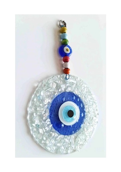 Mavi Nazar Boncuklu Beyaz Kesme Cam Desenli Duvar Süsü Nazarlık fiyatları