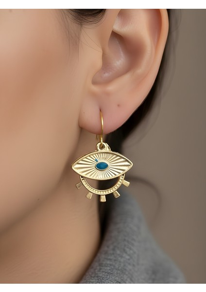 Altın Renk Mavi Taşlı Büyük Göz Motif Koruyucu Tasarım Kadın Küpe