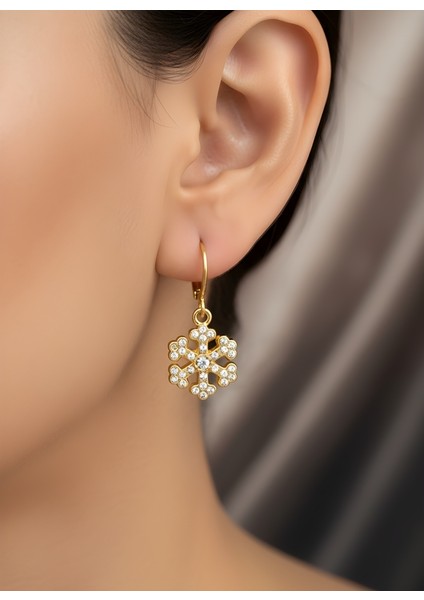 Kar Tanesi Motif Taşlı Işıltılı Altın Renk Şık Kadın Küpe