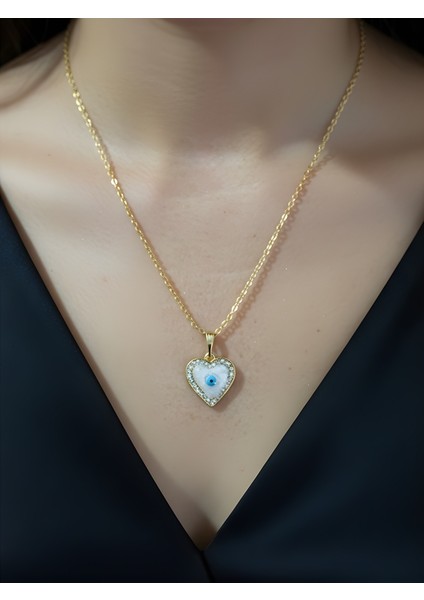 Kalp Nazar Boncuk Taş Detaylı Zarif Zincir Kadın Kolye