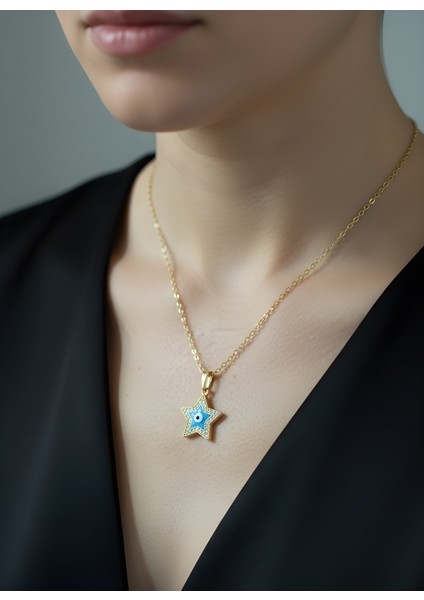 Yıldız Nazar Boncuk Detaylı Zarif Zincir Kadın Kolye