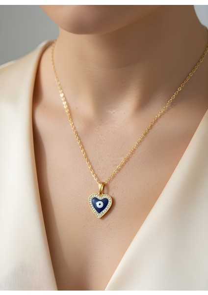 Kalp Nazar Boncuk Taş Işlemeli Ince Zincir Kadın Kolye