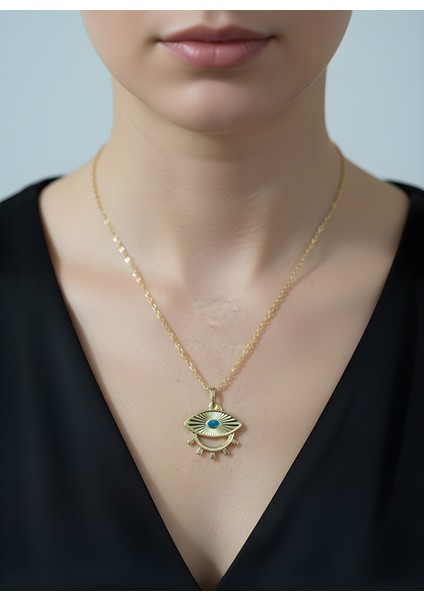 Göz Nazar Boncuk Altın Renk Sallantı Detaylı Zincir Kadın Kolye