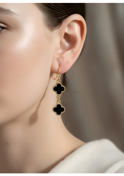 Siyah Yonca Ikili Zincir Detay Altın Renk Şık Kadın Küpe