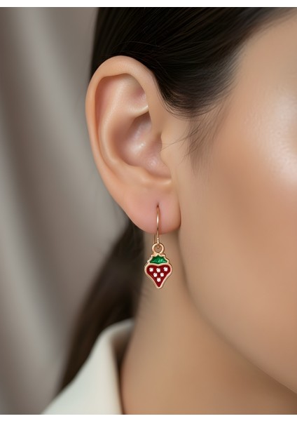 Çilek Figür Mineli Renkli Tatlı Tasarım Şık Kadın Küpe