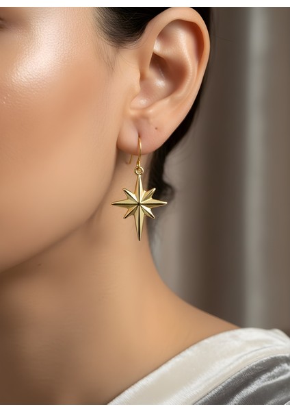 Altın Renk Sekiz Köşeli Yıldız Motif Modern Zarif Kadın Küpe