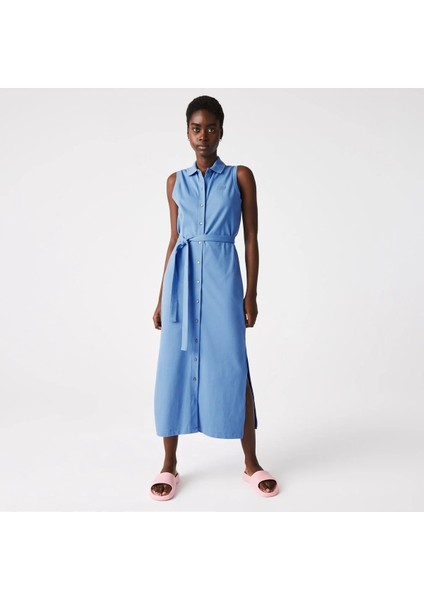 Kadın Loose Fit Kolsuz Polo Yaka Mavi Elbise