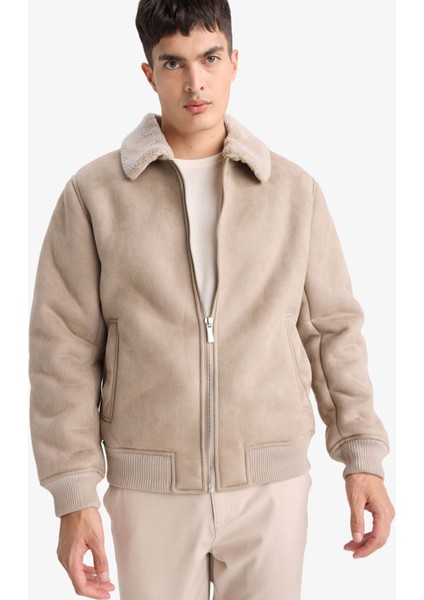 Slim Fit Dar Kesim Kürklü Polo Yaka Astarlı Fermuarlı Cepli Süet Mont A3869AX25WN