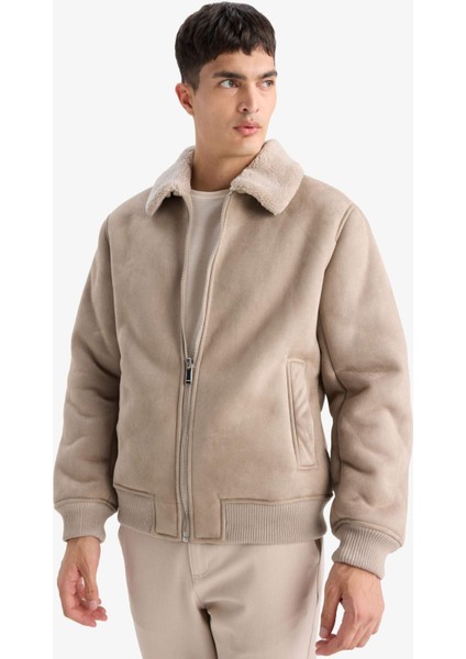 Slim Fit Dar Kesim Kürklü Polo Yaka Astarlı Fermuarlı Cepli Süet Mont A3869AX25WN