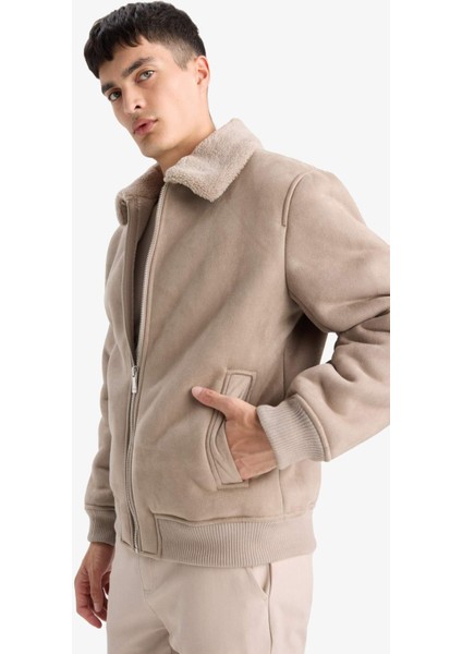 Slim Fit Dar Kesim Kürklü Polo Yaka Astarlı Fermuarlı Cepli Süet Mont A3869AX25WN