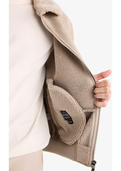 Slim Fit Dar Kesim Kürklü Polo Yaka Astarlı Fermuarlı Cepli Süet Mont A3869AX25WN