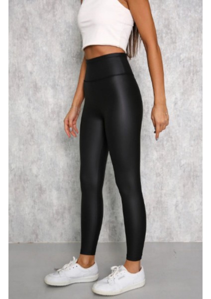 Kadın Siyah Çatlamayan Geniş Kemer Şardonlu Likralı Mat Deri Tayt fiyatları