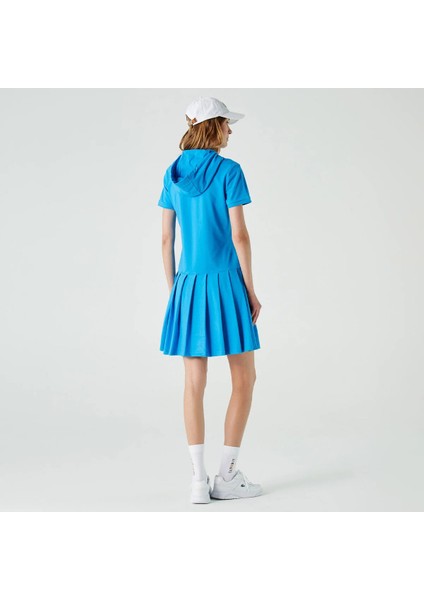 Kadın Loose Fit Kısa Kollu Kapüşonlu Fermuarlı Mavi Elbise fiyatları