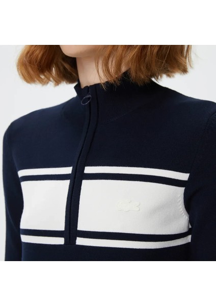 Slim Fit Uzun Kollu Fermuarlı Yaka Renk Bloklu Lacivert Elbise modelleri