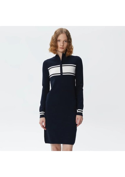Slim Fit Uzun Kollu Fermuarlı Yaka Renk Bloklu Lacivert Elbise