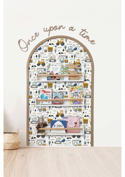 Iş Makineleri Temalı Çocuk-Bebek Odası Duvar Stickeri, Once Upon A Time Yapışkan Yazı, Oval Çerçeve, Kitap Masal Köşesi, Dekoru